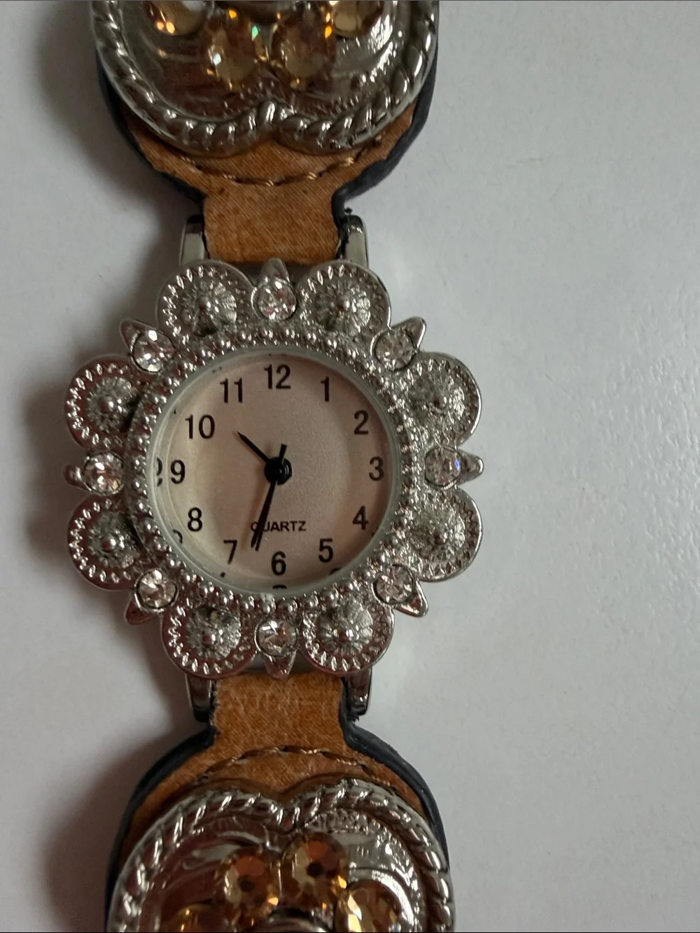 Source Unknown Brown Leather Wristwatch  Silver-Tone Floral Bezel needs battery